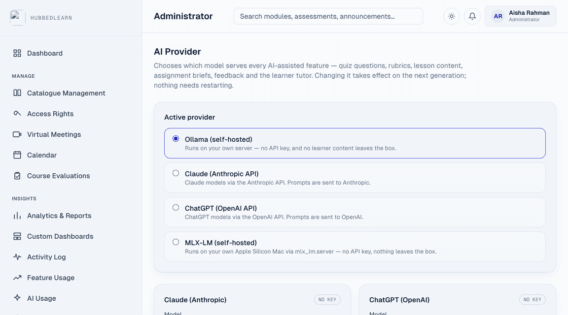 Admin AI Provider settings showing Ollama, Claude, ChatGPT and MLX-LM as selectable providers