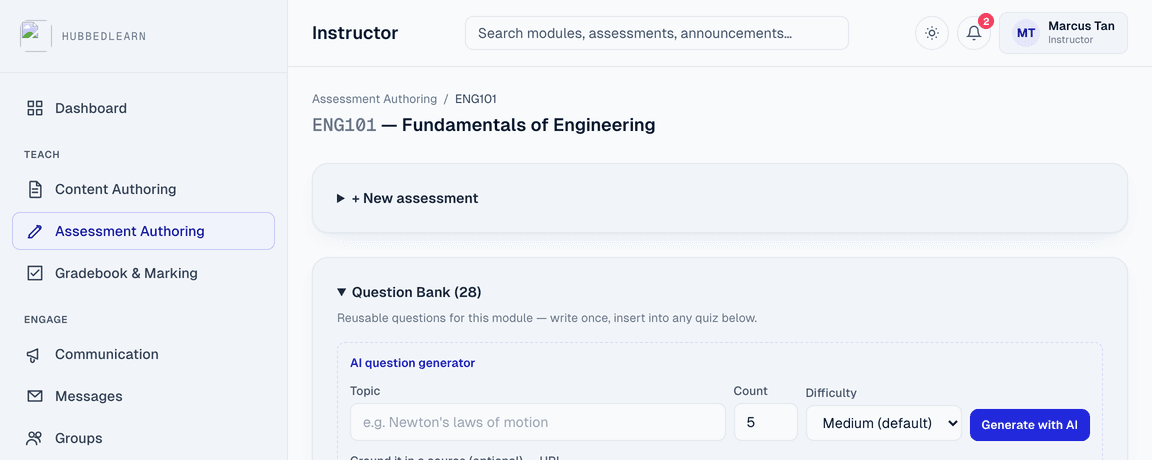 Assessment authoring screen with an AI-generated multiple-choice question badge