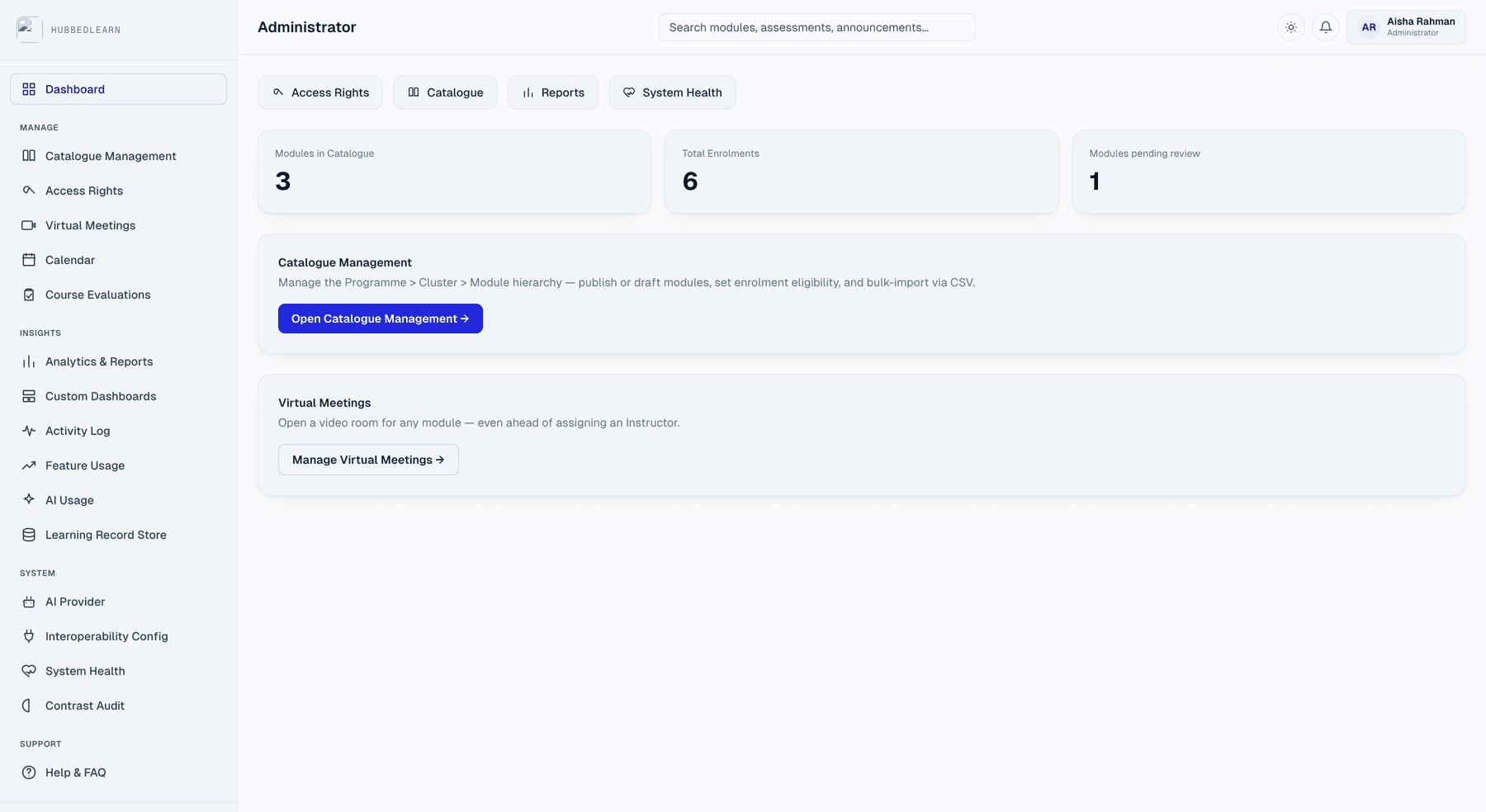 Admin dashboard showing catalogue management and virtual meetings