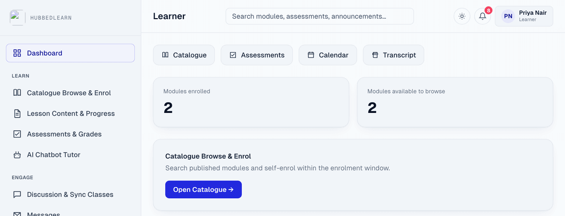 Learner dashboard showing enrolled modules and earned badges